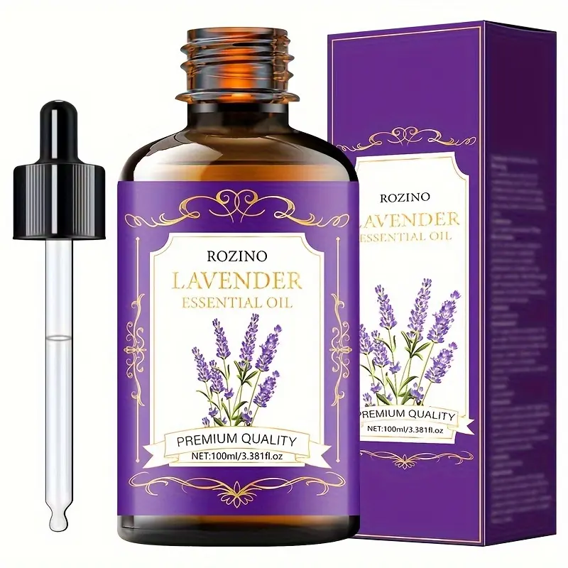 ROZINO Lavender Essential Oil: Premium, 100ml/3.38fl.oz., Multi-purpose, Suitable for Skin Care, Hair Care, Spa Massage, Bathing, Eyelash Care, Nail Care, DIY Perfume, Handmade Soap, and Scented Candles - Suitable for All Skin Types Comfort Aroma Cosmetic