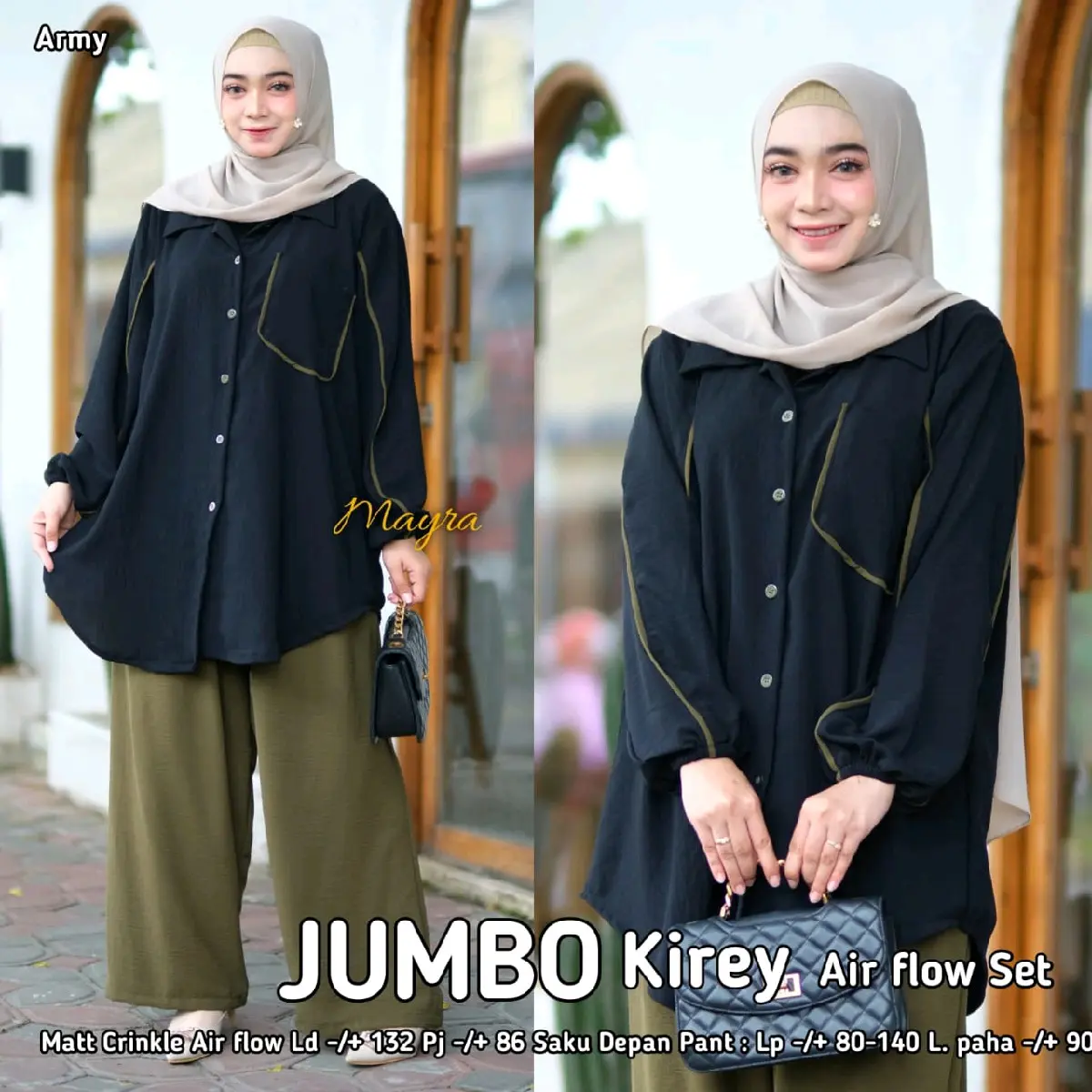 Setelan Jumbo Polos Kirey Bahan Crinkle Airflow LD 130 Saku Depan Kancing Aktif Lengan Karet Adem Lembut Anti Kusut Muat Bb 100