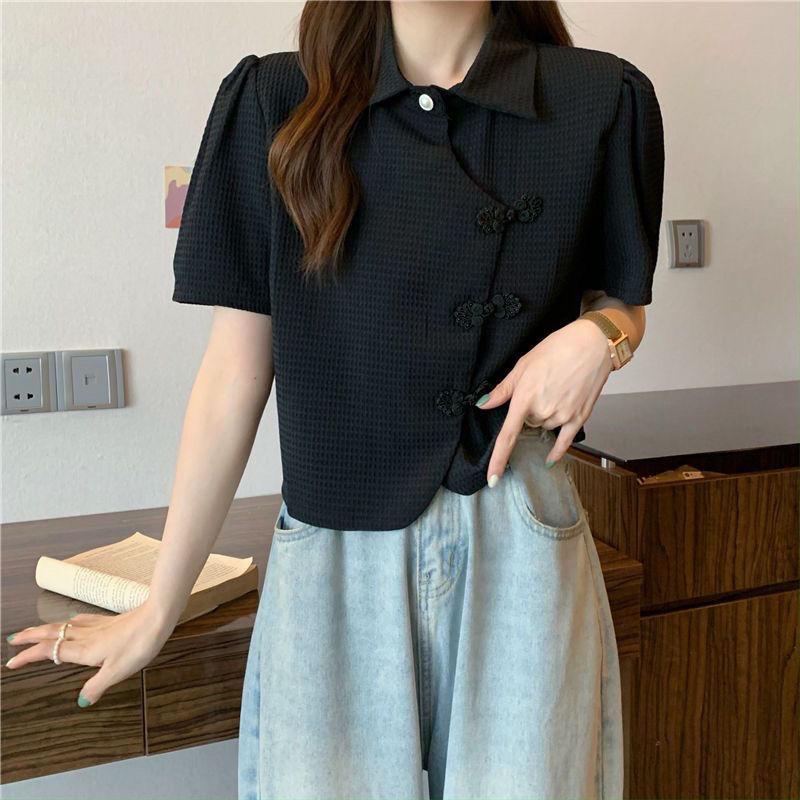 Product Introduction of Cheongsam Button Polo Collar Short-Sleeved Shirt Women's Summer 2025 New Design Sense Niche High-Grade Short Shirt Fashion Top Womenswear Blouse Lingerie Casual Comfort Basic Collared Minimalist 8