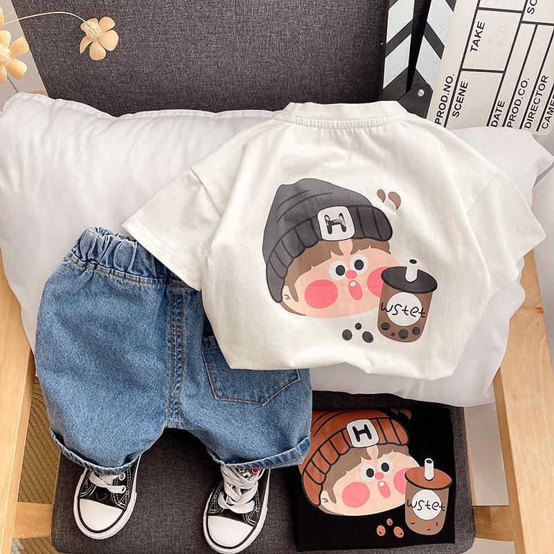 Bộ TRÀ SỮA bé trai 8-26kg Bé trai áo cotton quần jean có thể giặt máy Vải Cotton Cho Bé