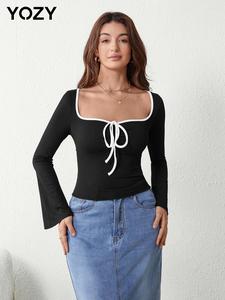 YOZY Women's Contrast Binding Ruched Tie Front Ribbed Tee, Casual Sweetheart Neck Flounce Sleeve Top for Daily Wear, Ladies Clothes for All Seasons