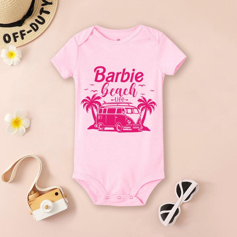 Product Introduction of Barbie Cartoon Fashion Printed Baby Girl Bodysuit Baby Trend Short Sleeve Jumpsuit Newborn Pajamas 8