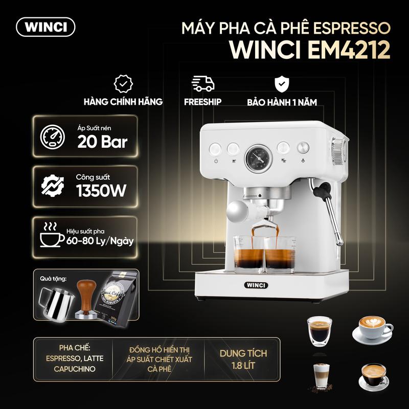 Máy Pha Cà Phê Espresso Winci EM4212 ,  Tay cầm 51 MM Pha Cafe Tự Động, Công Suất 1350w, Áp Suất 20Bar, tặng 1 gói cafe , 1 Tamper 51 mm 1 Ca inox