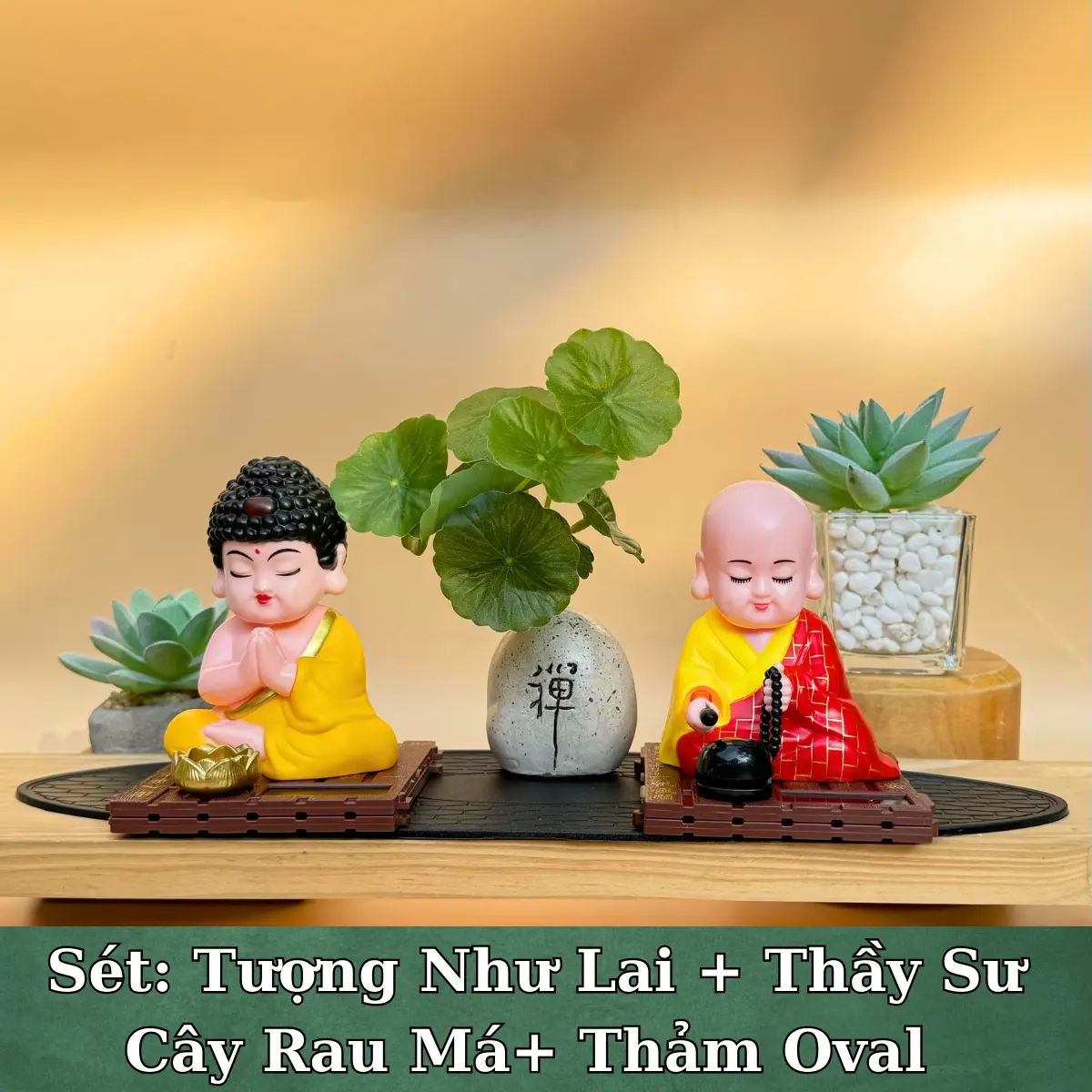 Bộ Tượng Như Lai - Thầy Sư - Cây Rau Má Thảm Oval Sang Trọng, Trang Trí Decor cho Phòng khách, nội thất ô tô và bàn làm việc tinh tế và sang trọng
