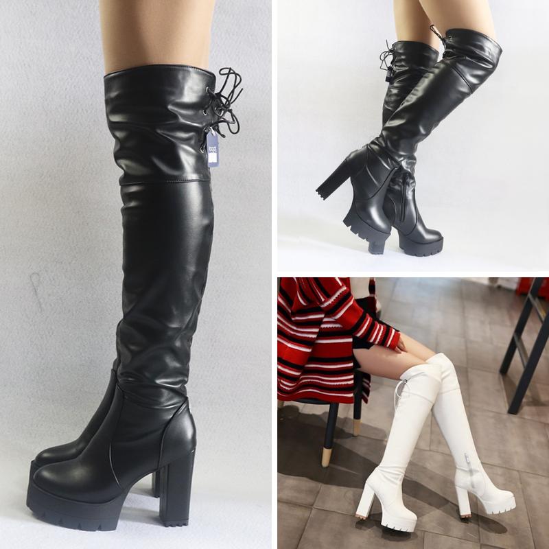Boot đùi nữ cổ cao qua gối gót vuông 12cm đế đúp màu đen, trắng có dây rút CHỐNG TUỘT, CHẮC CHÂN GCC48 GiàY Shoes