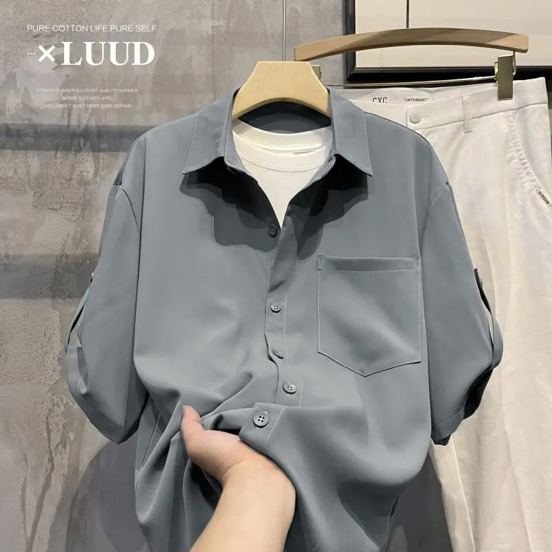 Áo Sơ Mi Ngắn Tay Thoáng Khí Bằng Lụa Băng Cho Nam, Thiết Kế Dáng Rộng Thường Ngày, Giảm Béo, Hợp Thời Trang, Ins, Cộng Với Kích Thướ, Mùa Hè, 150.00Kg 3