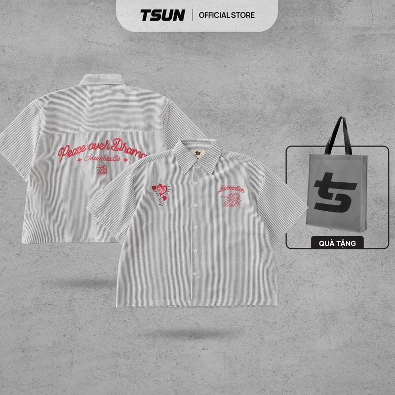 Áo Sơ Mi TSUN Lovemotion Shirt - Thêu - [UNISEX] - Sọc Đen Trắng - Oxford - Boxy - Streetwear - Local Brand - Oversize