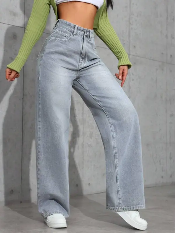 Women's Plain Wide Leg Denim Jeans, Casual Comfy Pocket Button Fly Trousers for Daily Wear, Ladies Bottoms for All Seasons, Pants, High Rise Jeans 8
