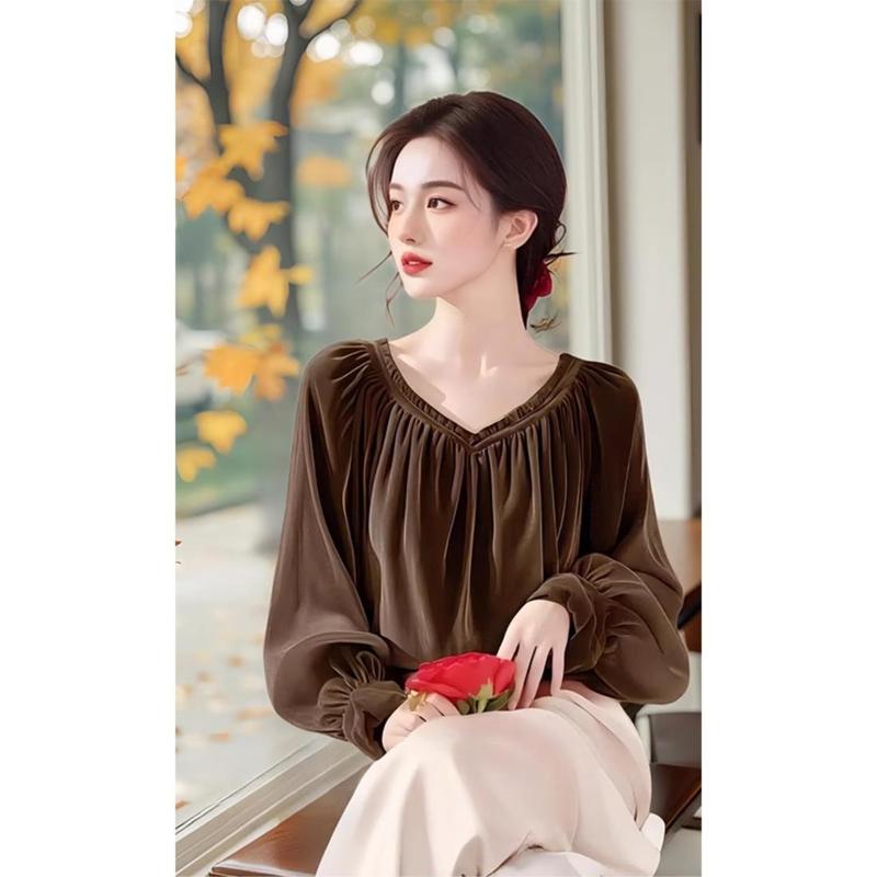 Áo Sơ Mi Dài Tay Nhung Màu Cà Phê Cổ Điển Phong Cách Pháp, Dành Cho Nữ, Hàng Mới Về Mùa Thu 2025, Phong Cách Ngầu Phổ Biến Áo Sang Trọng Độc Đáo, Thích Hợp Cho Phong Cách Đi Làm Đơn Giản 2