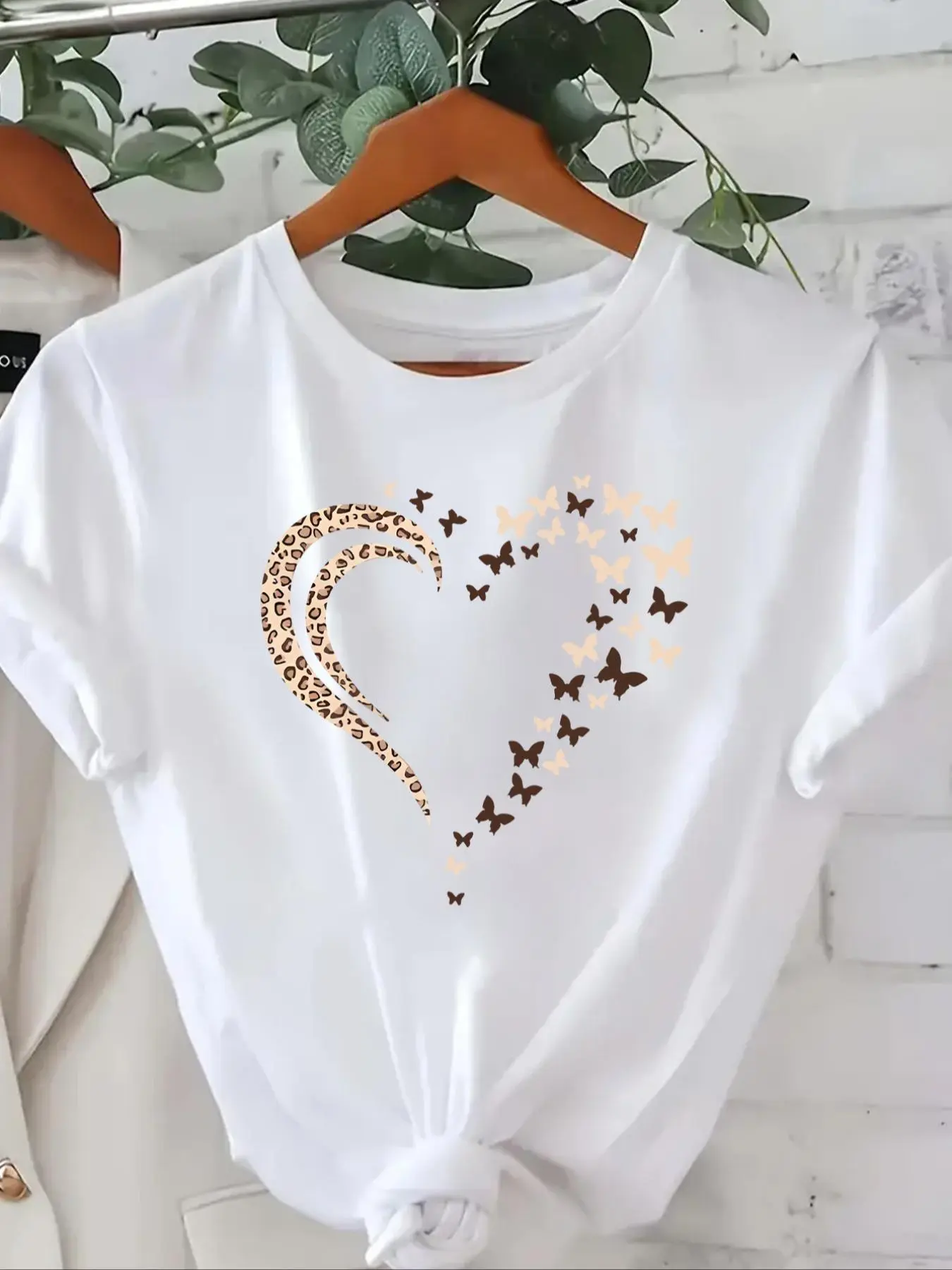 Women's Leopard & Butterfly Print Round Neck Tee, Casual Heart Graphic Short Sleeve T-shirt,  Summer Tops, Ladies Knit Clothes for All Seasons