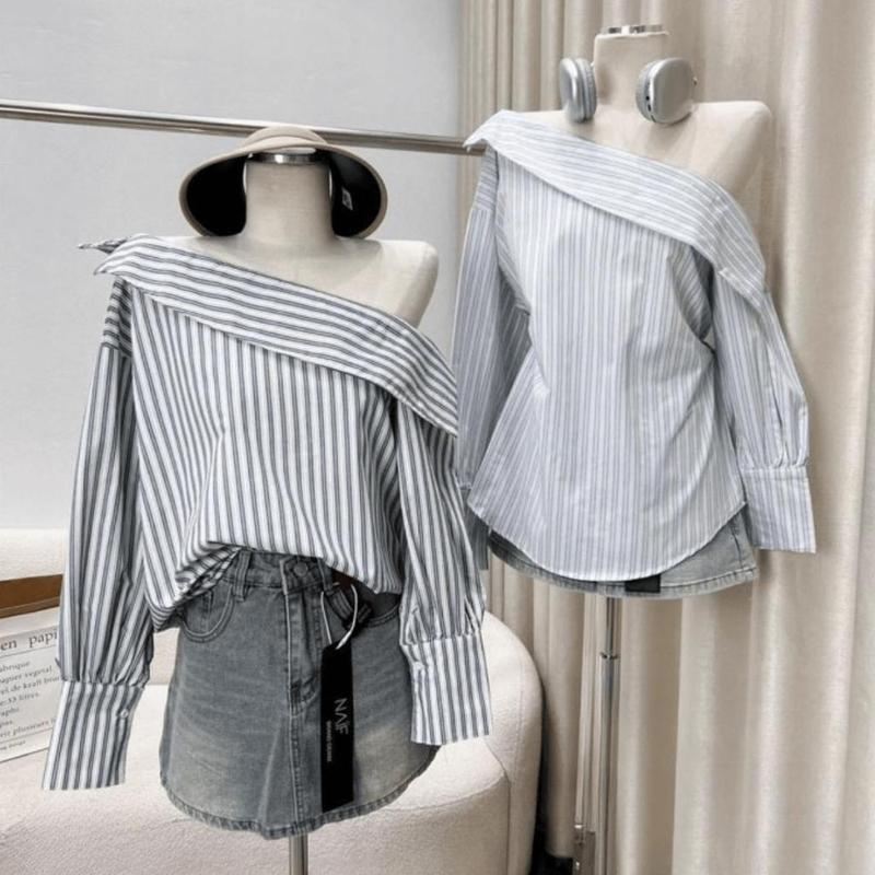 Áo Sơmi Kẻ Sọc Thiết Kế Lệch Vai Form Dấu Quần Trẻ Trung Cá Tính Áo Sơ Mi Trễ Vai phối Dài tay Kiểu Công Sở Wind