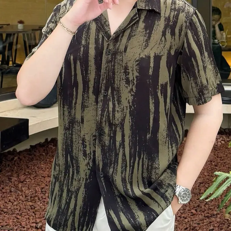 Áo Sơ Mi Shirt Ngắn Tay - Hoạ Tiết  Loang Xanh - Chất Liệu Lụa Hàn Mát Mẻ Form Rộng Menswearr 2