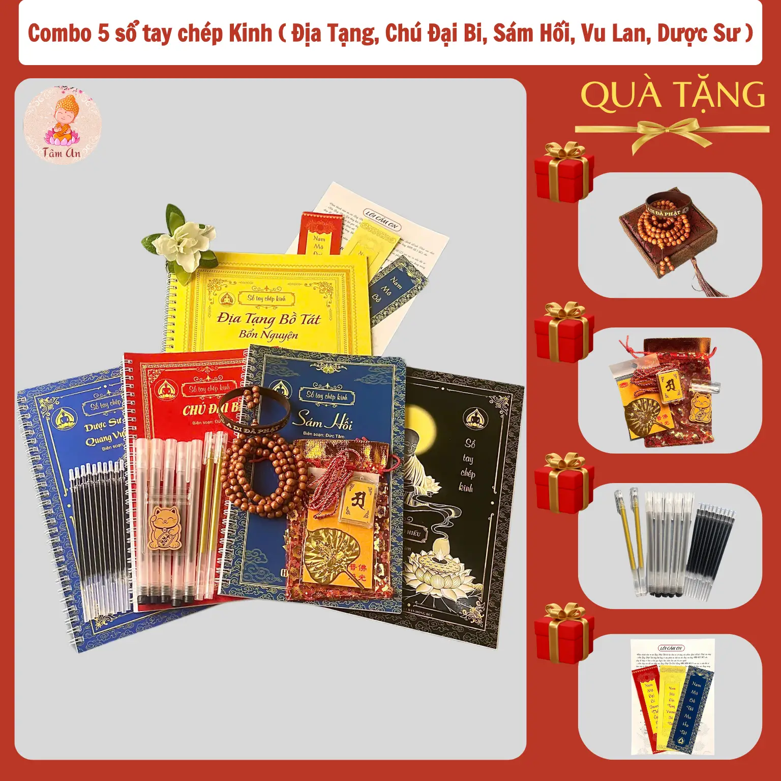 Bộ 5 sách chép kinh (Địa Tạng, Sám Hối, Chú Đại Bi, Dược Sư, Vu Lan) in mờ, TẶNG [(1vòng tay + 1vòng cổ 108 hạt) + 1bộ quà tặng(mèo thần tài, túi gấm, lá bồ đề, chú lăng nghiêm) + (2 bút nhũ vàng, 5 bút mực đen, 10ngòi) + (thẻ sách, hướng dẫn chép kinh)]