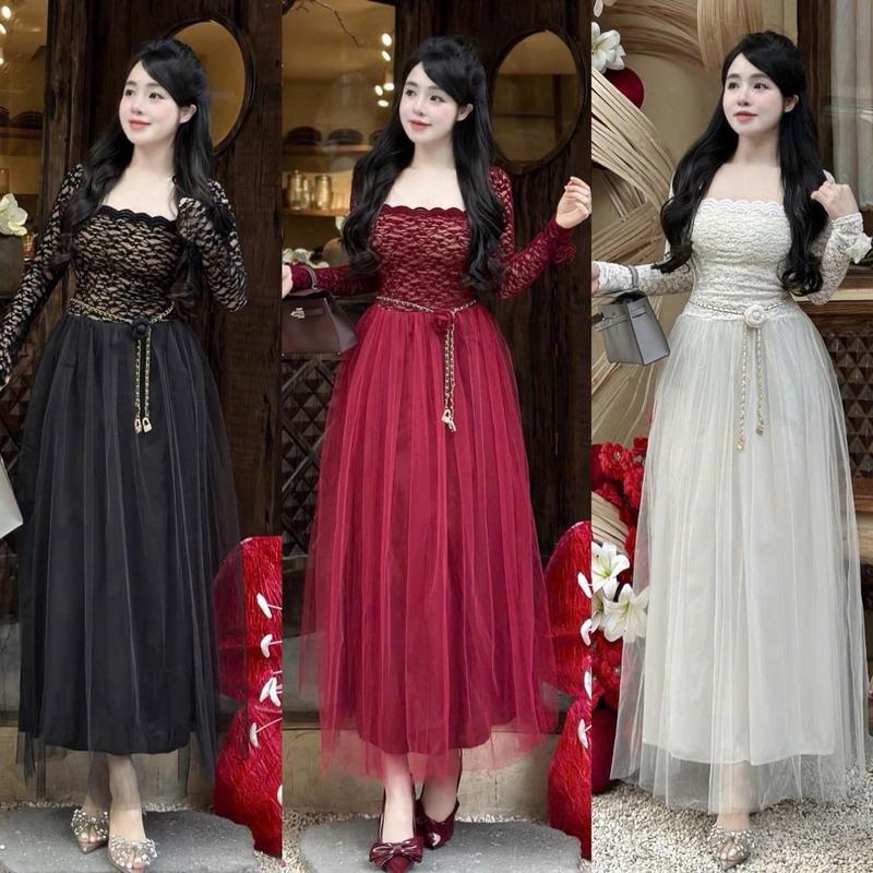 Đầm ren cổ vuông tay ngắn và tay dài phối chân váy tơ lưới ba màu kèm dây đai hoa Nữ Women Dress Voan Sen