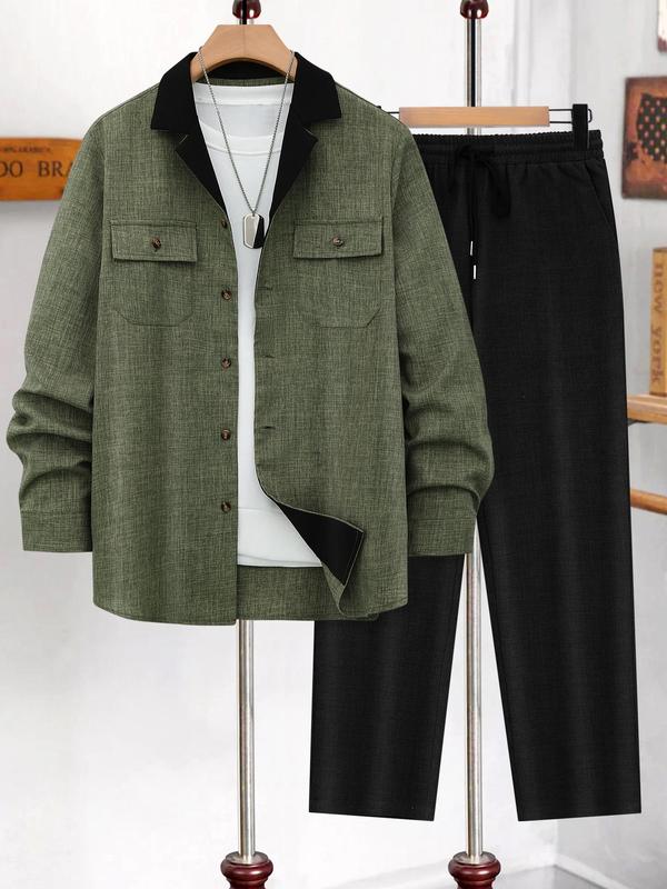 Men's Solid Button Front Longsleeves Shirt & Drawstring Waist Pants Set, Regular Fit Long Sleeve Lapel Neckline Top & Pocket Trousers, Casual Fashion Cozy Breathable Men Two-piece Outfits for Fall & Winter 5