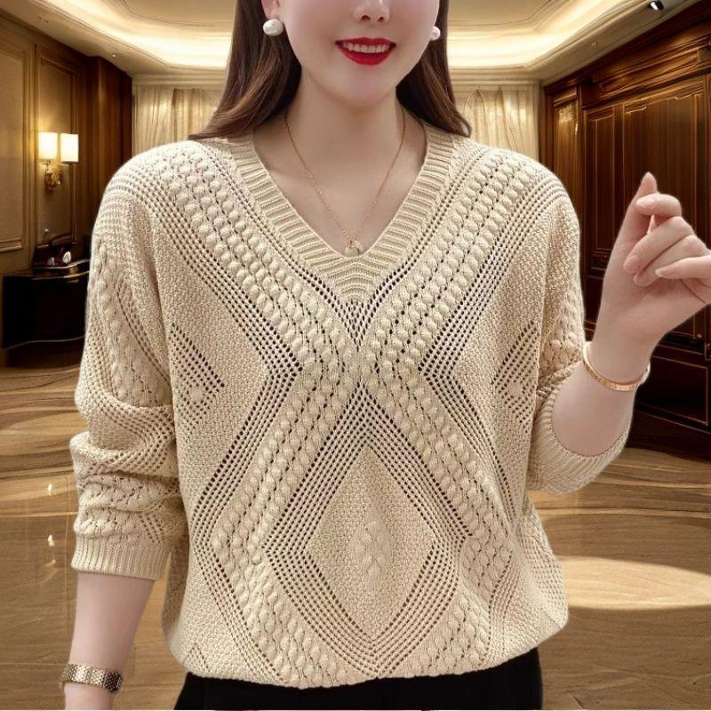 Product Introduction of Áo dệt kim mỏng hợp thời trang khoét rỗng cổ chữ V đầu thu cho cô gái béo cỡ lớn 150,00kg, áo chống nắng Top 1