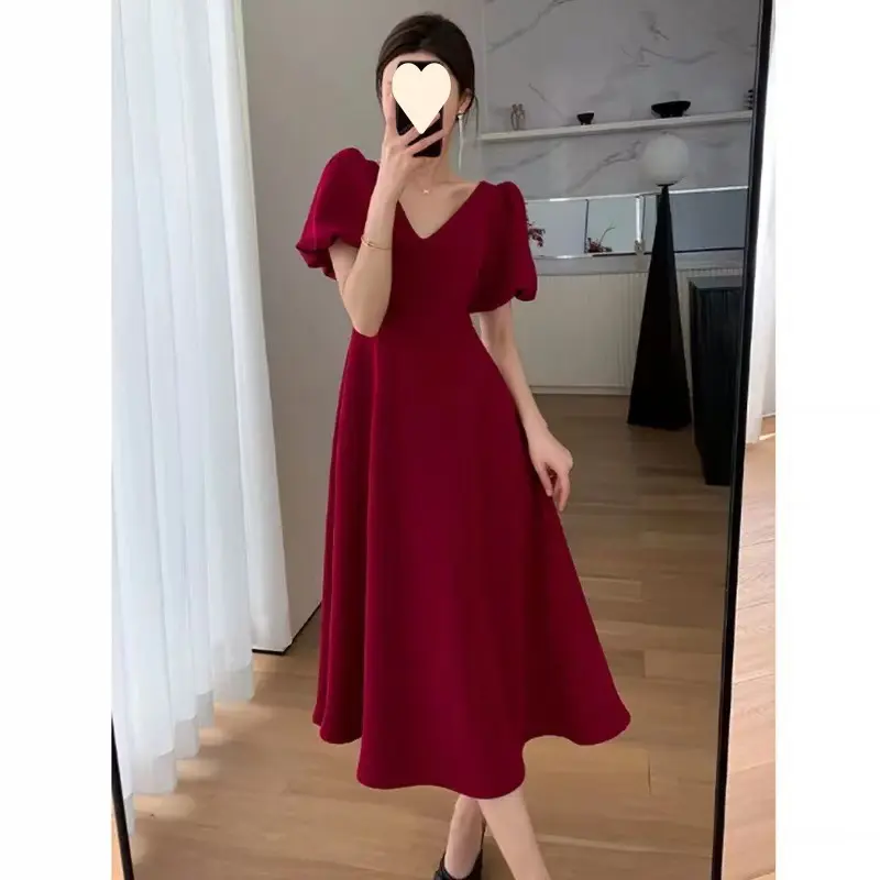 Plus Size Fat Girl French V-neck Hepburn Style Wine Red Dress Women Summer  Puff Sleeve Slimming Belly Covering Long Dress Casual Womenswear Lingerie  Fitted - TikTok Shop Philippines
