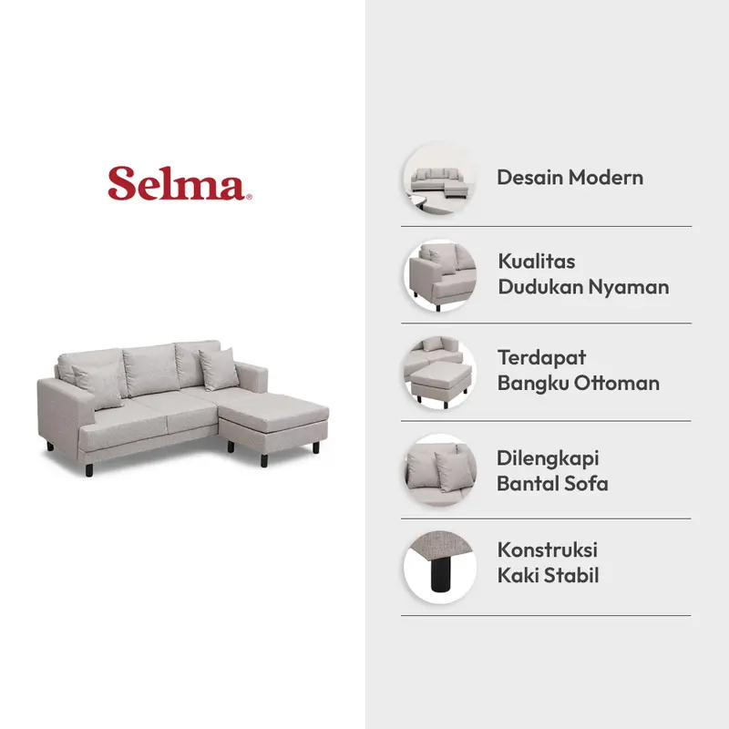 SELMA GLIVEL SOFA FABRIC 3 SEATER DENGAN BANGKU - COKELAT ASH 2