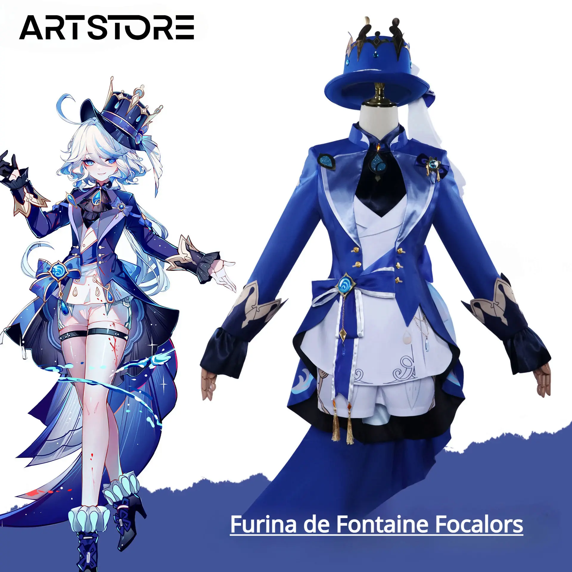 Trang phục cosplay, Furina De Fontaine Focalors, Váy truyện tranh Con chơi trò chơi, Tóc giả Halloween, Tác động Genshi, Đạo cụ Anime