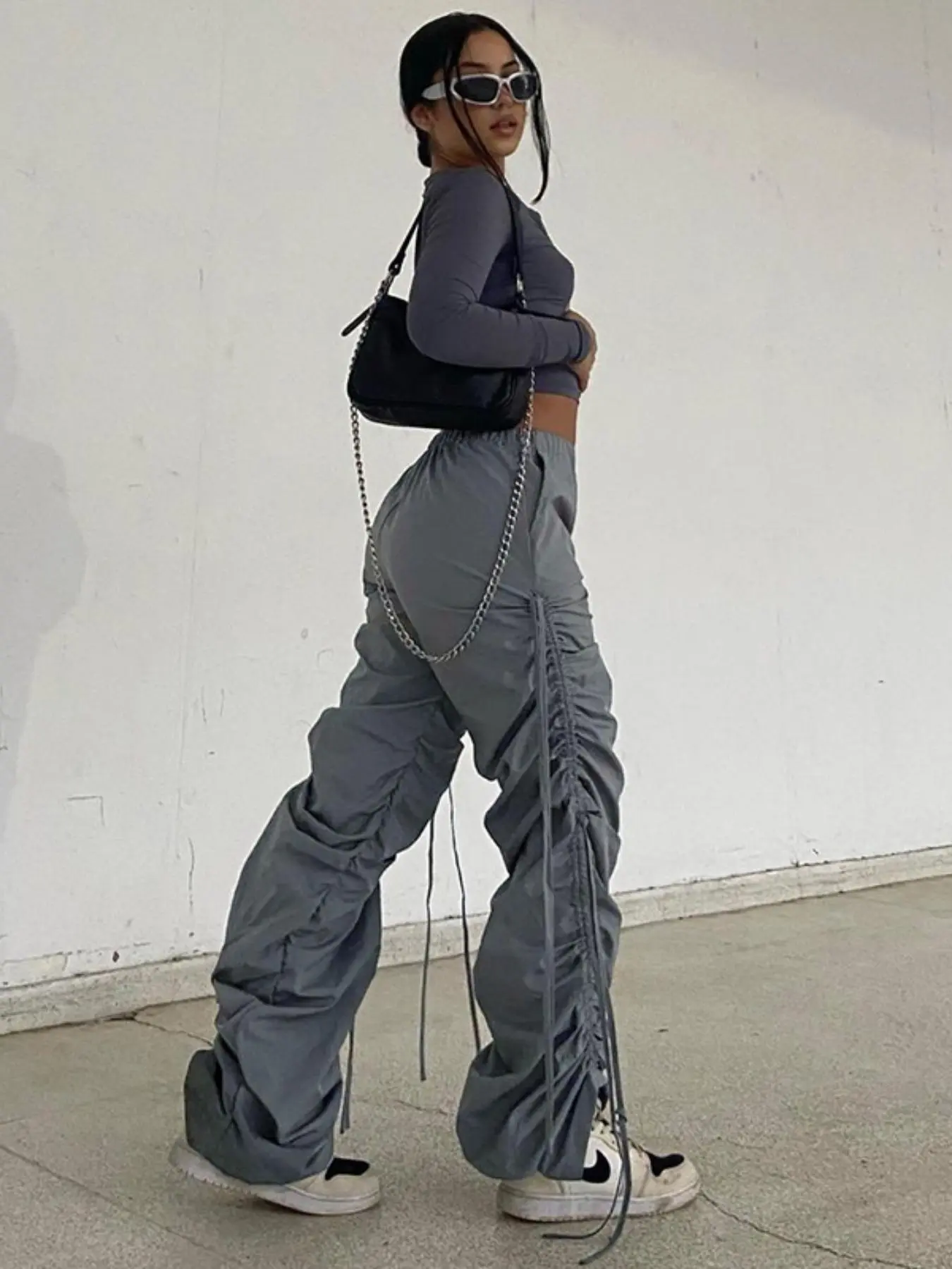 Women's Plain Drawstring Ruched Straight Leg Pants, Casual Comfy Pocket Elastic Waist Trousers for Daily Wear, Womenswear Bottoms for All Seasons