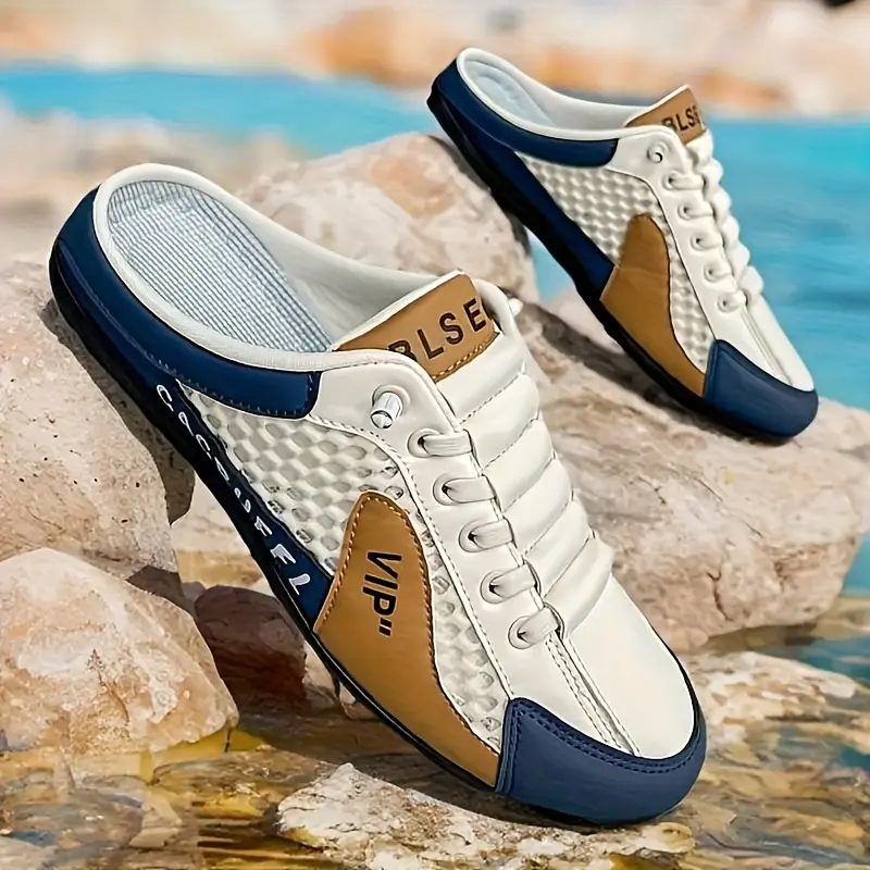 Men's Casual Sneakers - Non-Slip, Durable, Breathable |   Navy Blue/White/Beige, Lightweight PU Upper, EVA Insole for Indoor, Vacation, Casual Wear