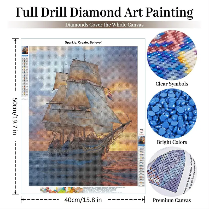 Sailing Ship Pattern DIY Diamond Arts Painting Kit without Frame, DIY 5D Diamond Arts Colorful Painting Kit, Wall Art Decor for Home Living Room Bedroom 1