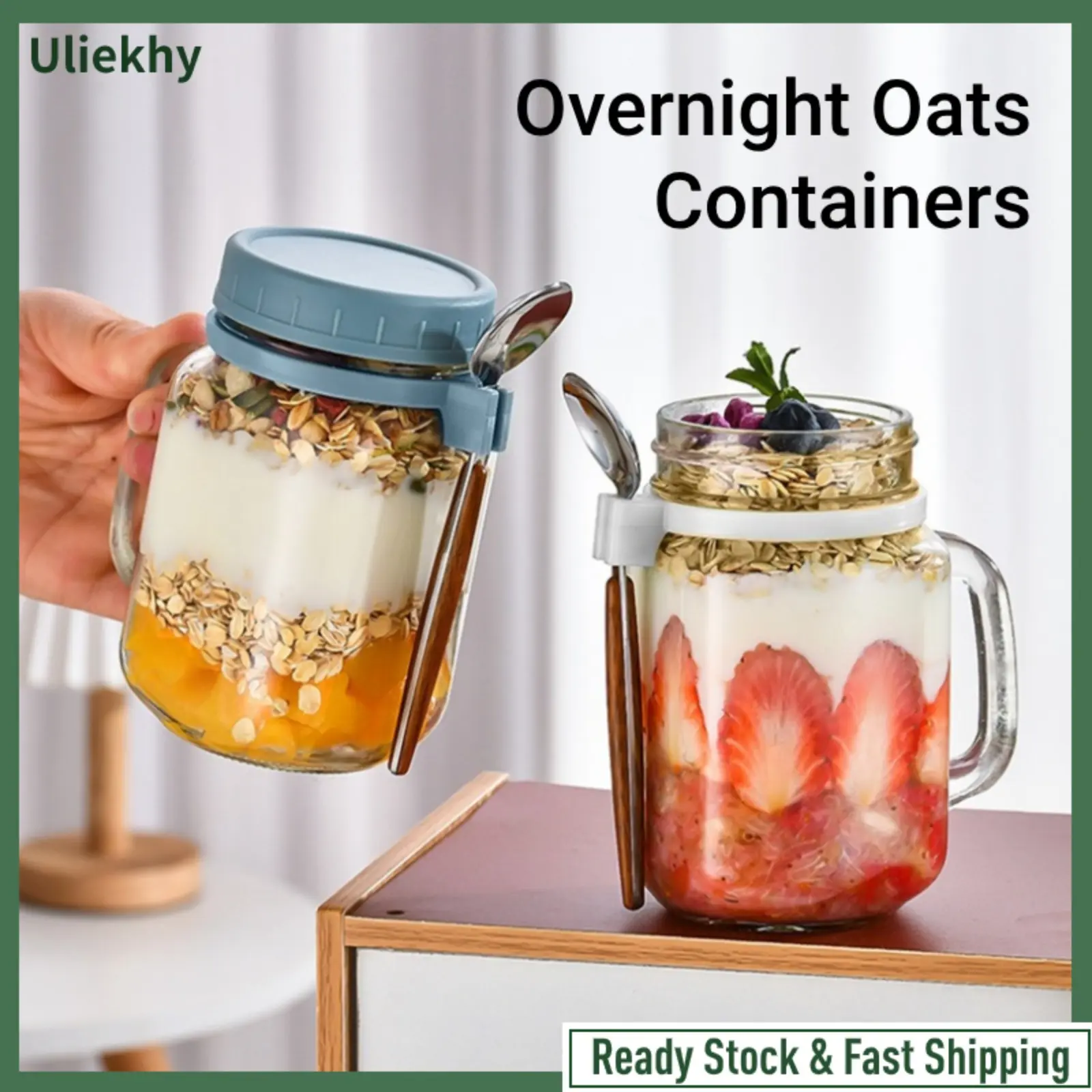 Uliekhy Overnight Oats Containers with Handle Lid and Spoon Glass Oatmeal Jars for Cereal Salad Yogurt Mason