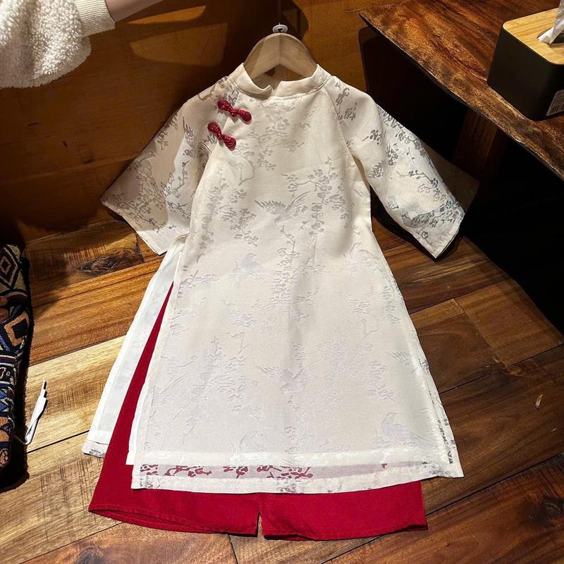  Áo Dài  thân áo+quần+mấn  Tết Ất Tỵ 2025 cho Bé Gái  áo dài Cách Tân LeLekids Tơ gấm tencel cao cấp tone màu trắng đỏ 