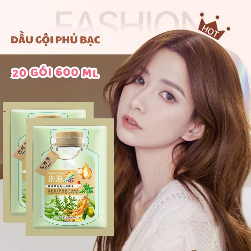 (20 Gói) Dầu Gội Phủ Bạc Thảo Dược BUBBLE 3 Trong 1 Gội Nhuộm Dưỡng Giúp Nhuộm Tóc Tại Nhà Nhanh Chóng Đẹp Tựa Salon Tặng Kèm 2 Bộ Dụng Cụ Nhuộm Tóc