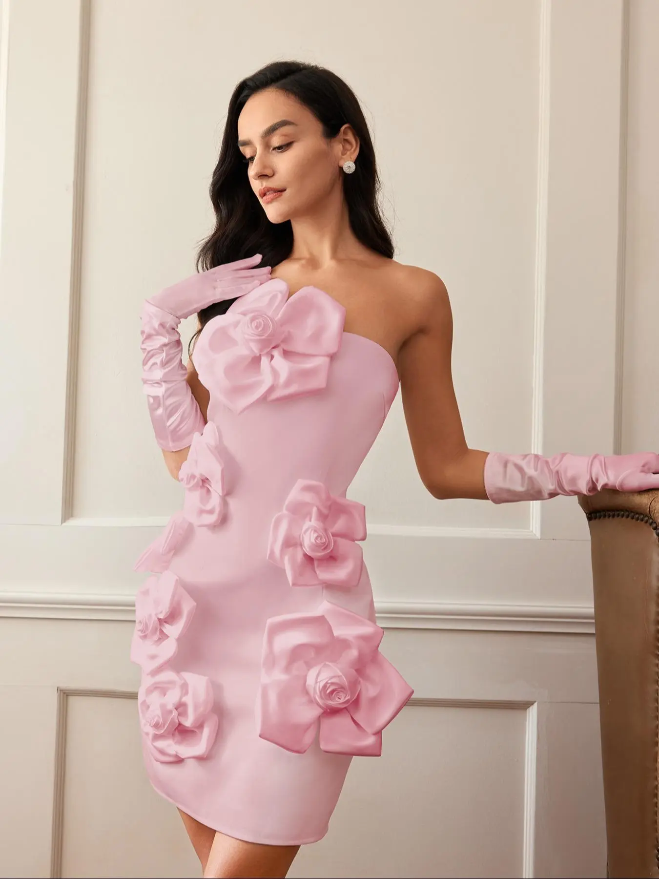 Women's Floral Decor Tube Dress, Elegant Off Shoulder Rose Design Party Dress, Ladies Clothes for All Seasons