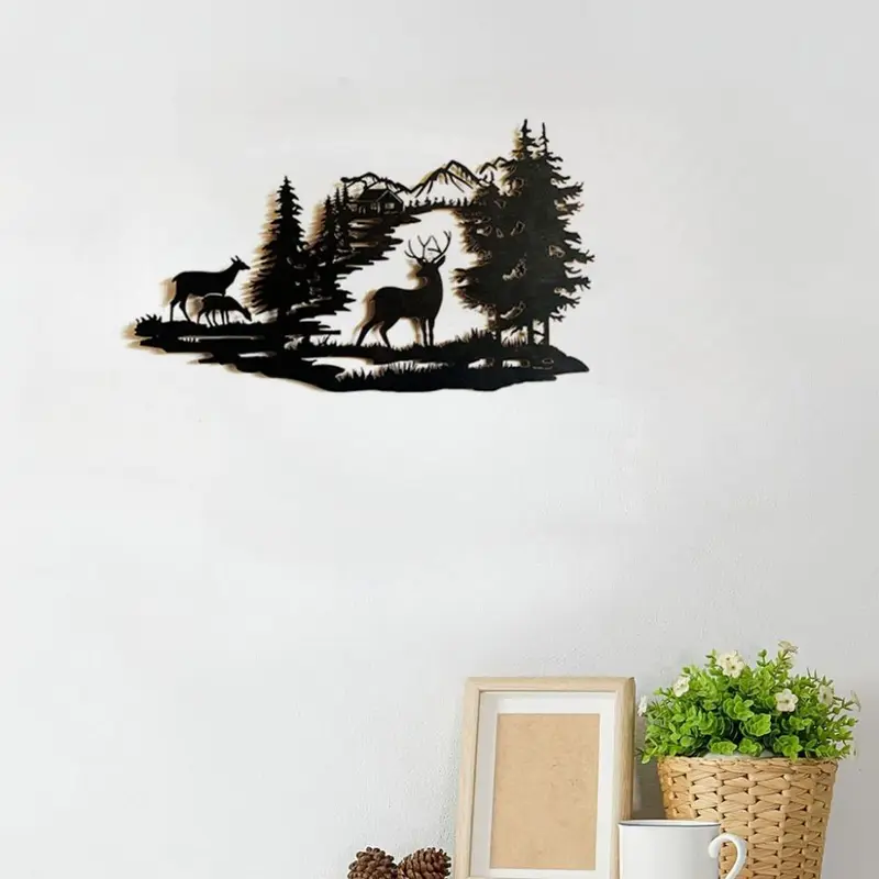 Metal Wall Decor, Deer & Forest Design Wall Art, Modern Minimalist Wall Decor, Wall Hanging Decor for Home Living Room Bedroom, Hangable 3