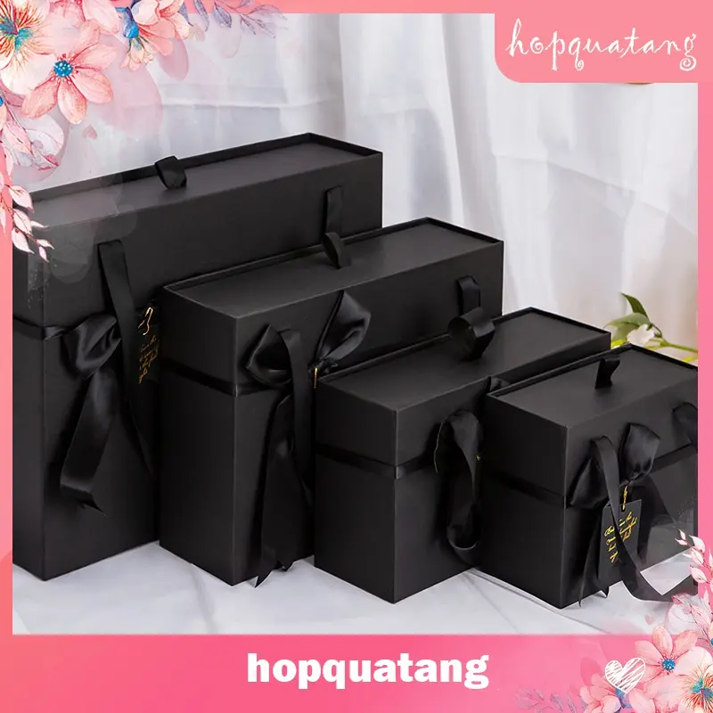 Hộp Quà Sinh Nhật Hộp Đựng Quà Tặng Màu Đen Gắn Nơ Có Quai Xách Cứng Cáp Sang Trọng 3