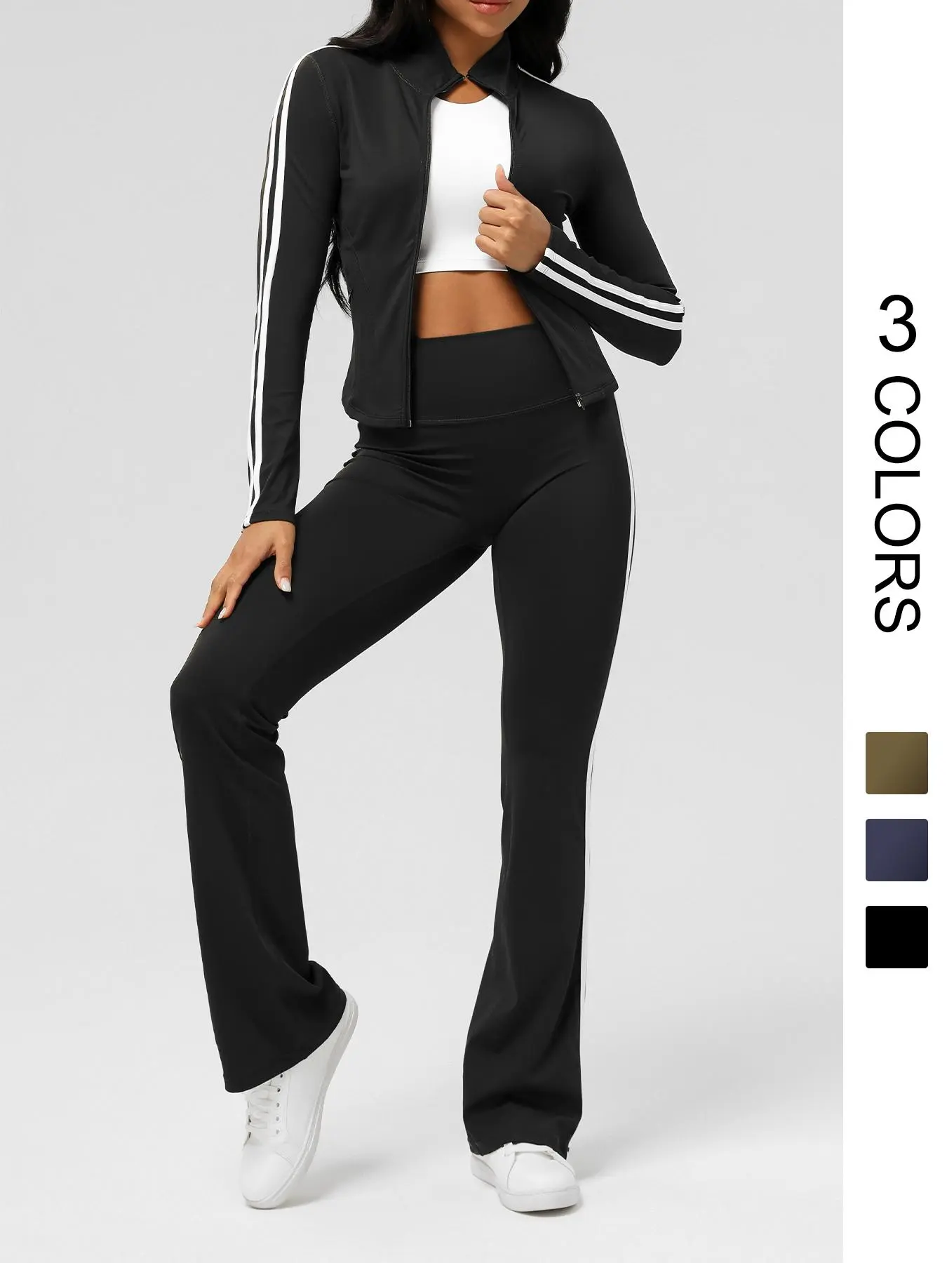 Women's Colorblock Striped Zip Up Jacket & Flare Leg Pants Tracksuit Set, Casual Long Sleeve Outerwear & Bell Bottom Trousers, Ladies Workout Sweatsuit Sportswear for Indoor Outdoor Wear