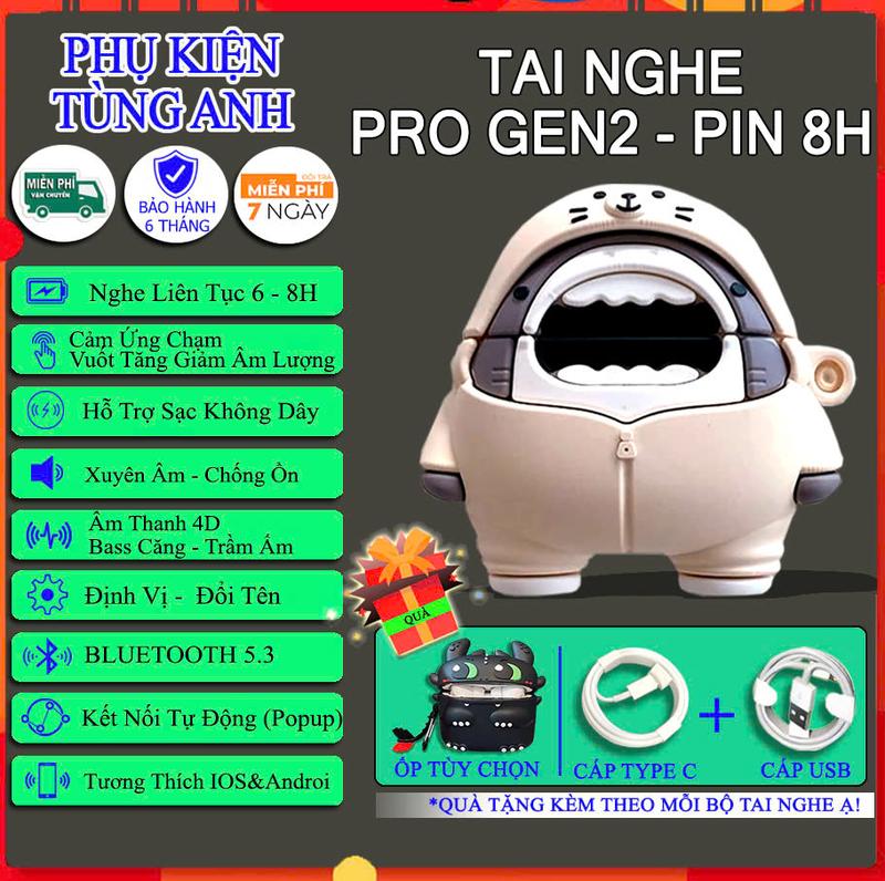 Tai Nghe Bluetooth AT5 ProGen 2 Pin 8H TẶNG ỐP 4D CÁP SẠC USB Vuốt Tăng Giảm Âm Lượng Đối tên định vị tự động kết nối Bảo Hành 6 Tháng lỗi đổi mới Nhét Tai Nghe Nhạc Earphone pro2 anc tai nghe pro gen tai nghe airpods pro 2 bluetooth hổ vằn