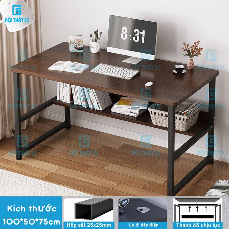 Bàn học, bàn làm việc kèm kệ lửng kích thước 1m chân sắt sơn tĩnh điện 25x25cm, kèm lỗ đi dây điện, mặt bàn bo góc phù hợp mọi lứa tuổi [Nội Thất 5C]