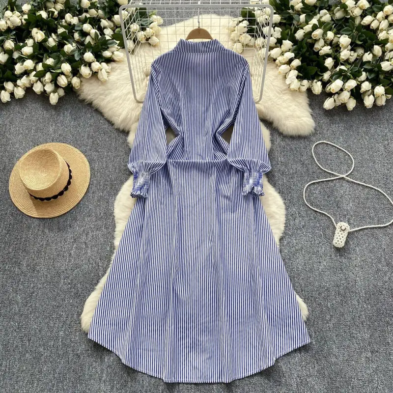 【ready stock】FADFAD Gaun kemeja bergaris yang stylish dan elegan 2