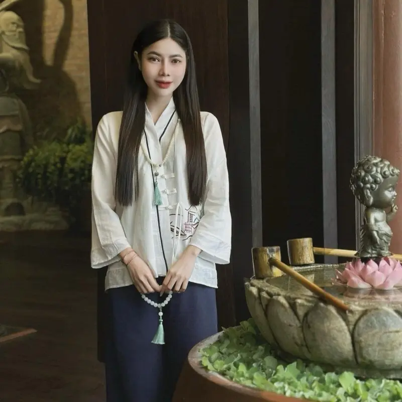 ￼Đồ lam đi chùa nữ bộ pháp phục hoạ tiết Nhà bình an, nhẹ nhàng đi lễ chùa thanh lịch Áo Quần Women
