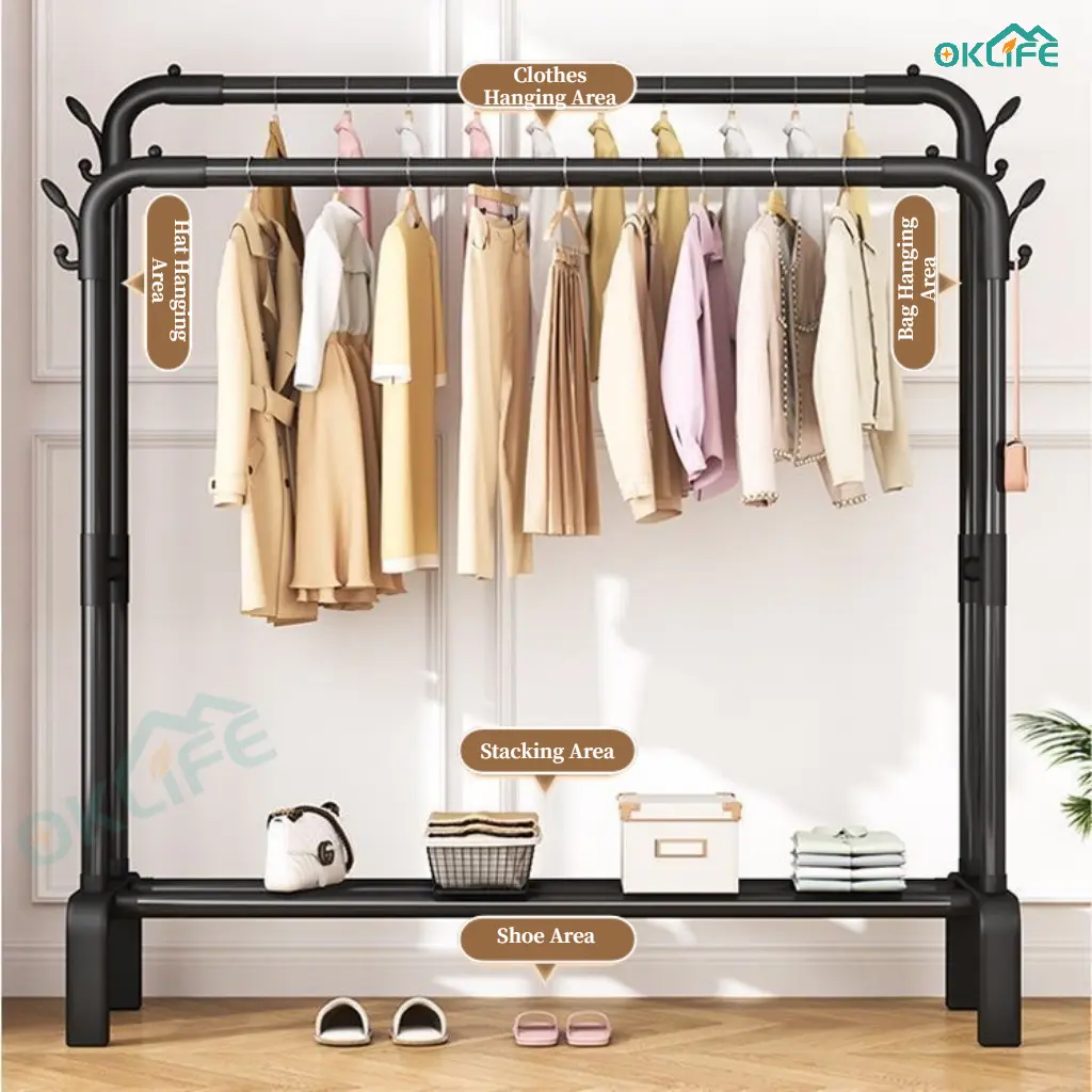 [OKLIFE. SG]Clothing Stand Coat Hanger Hat Shoes Rack Space Save Organizer Hanging Rack Bedroom Floor Assembled Cabinet Hanger
