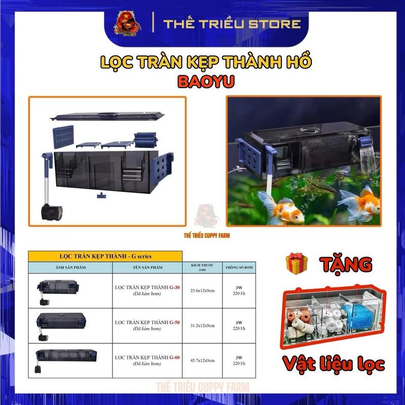 Lọc tràn trên Baoyu kẹp thành hồ có máy bơm 3w cao cấp cho bể cá cảnh, bể thuỷ sinh. G30-G50-G60 ( Tặng kèm 1 túi vật liệu lọc full )