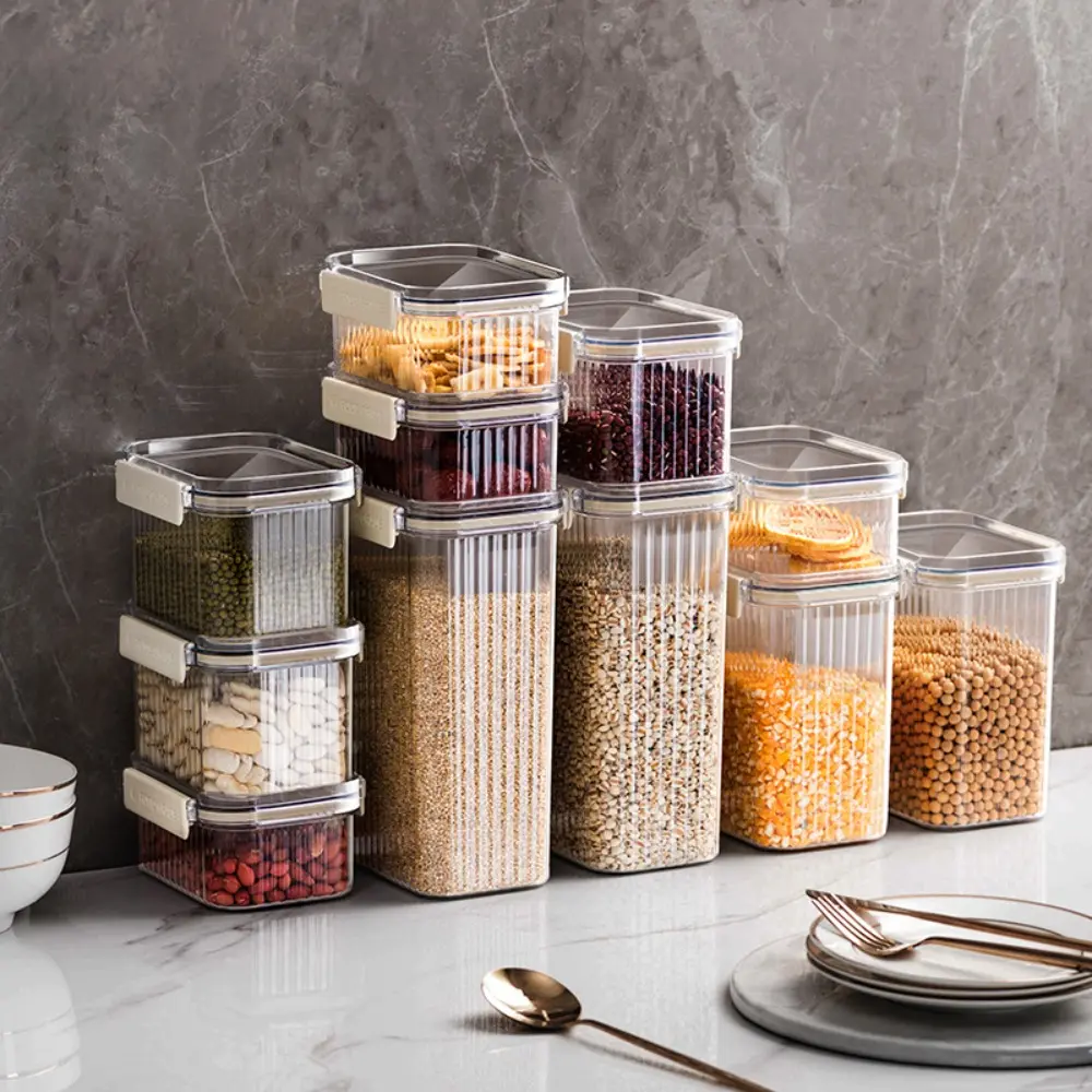 Balang Bermeterai Dapur, Bahan Plastik Baharu, Kapasiti Besar, Kotak Penyimpanan Dapur, Lutsinar, Gred Makanan, Botol Tangki Multigrain, Sesuai untuk Penyimpanan Makanan