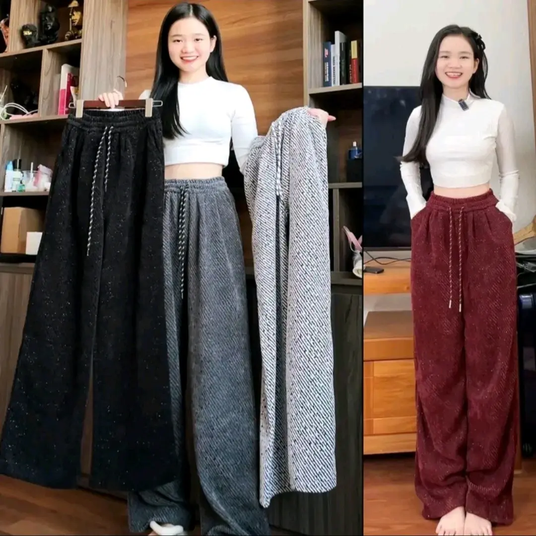 QUẦN DẠ NHUNG KẺ CHÉO KIM TUYẾN MẪU MỚI Ống Suông- 4 Màu