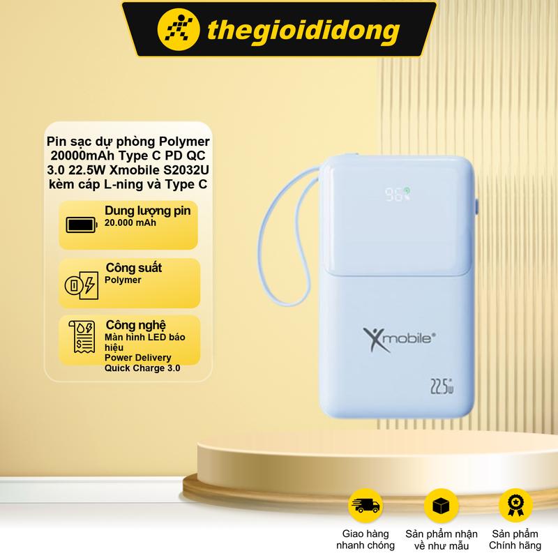 Pin sạc dự phòng Polymer 20000mAh Type C PD QC 3.0 22.5W Xmobile S2032U Đen kèm Cáp Lightning và Type C