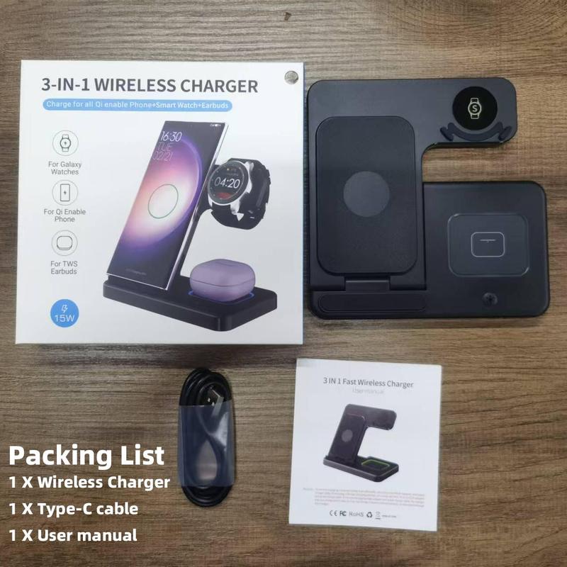 3 in 1 Wireless Charger, Foldable Charging Stand, Multifunctional Charging Station for Samsung Galaxy Phone Watch Earphone 3