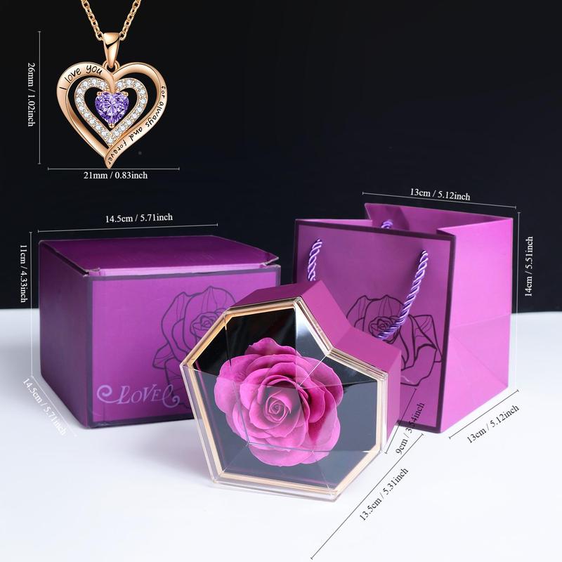 Boyfriend Gifts Artificial Rose Design Necklace with Gift Box & Gift Bag Set, 1 Count Artificial Flower Decor Heart Shaped Necklace Gift Set for Women 2