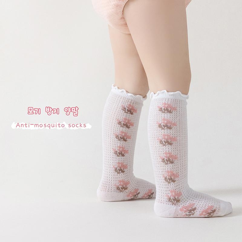 Product Introduction of Baby Socks for Girls Flower/Bear Print Mosquito Protection Mid-Calf Socks Spring Summer Breathable Kids Mesh Thin Socks 38
