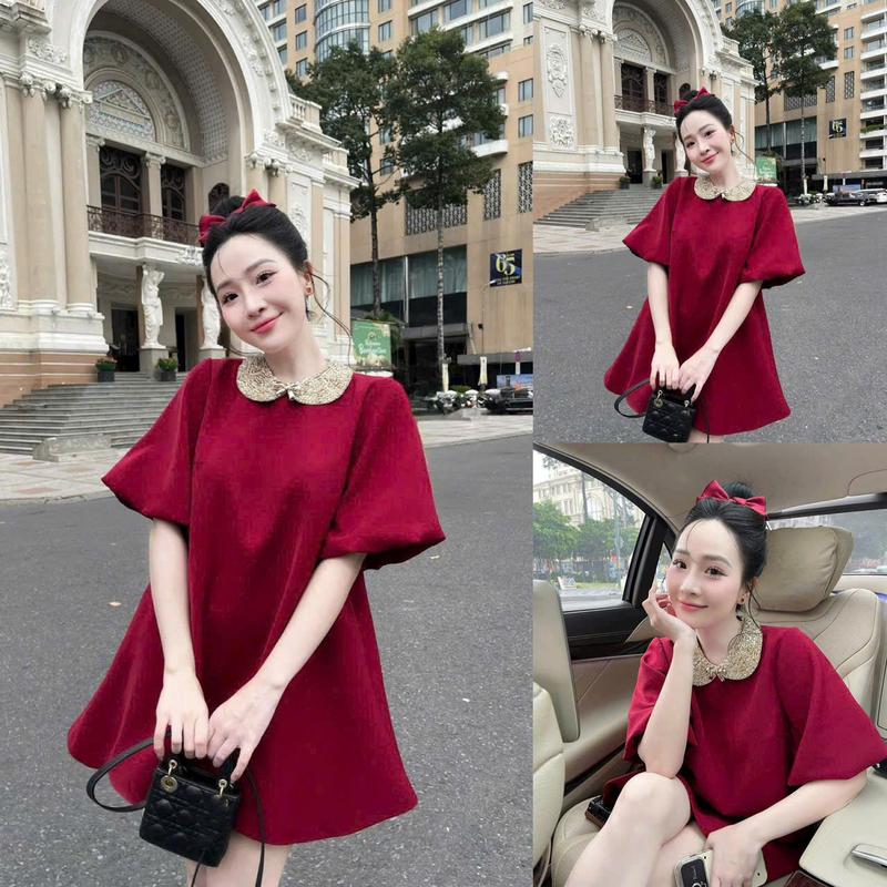  Đầm Xòe Tay Búp Manggo Baby Doll Đính Kim Sa Cổ Bèo Quyến Rũ Sang Chảnh Nữ Tính Dịu Dàng Thanh Lịch Sang Trọng Dễ Thương Women Dress Voan Màu Trắng Voi Đỏ 