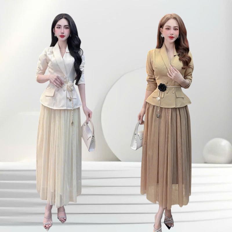 ( KHÔNG KÈM DÂY BELT XÍCH ) Set áo váy thiết kế CRAZYTEEN S5778 dành cho nữ gồm áo cổ vest tay dài và chân váy suông xòe nhẹ sang chảnh để đi chơi ( Áo vest tay dài/ Chân váy )