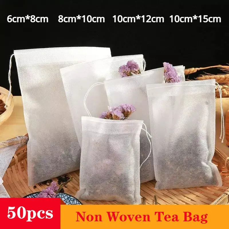 Beg Teh Serut Bukan Tenunan, 50Pcs, Beg Penapis Teh Pakai Buang, untuk Perasa dan Pengedap, Alat dan Aksesori Pembuatan Teh Dapur