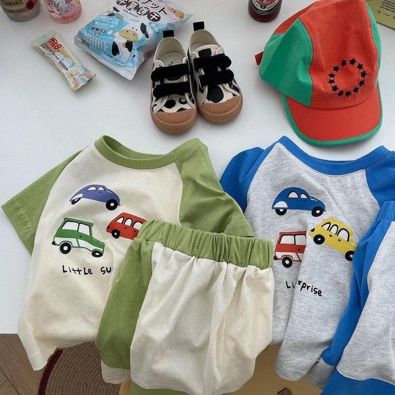 Bộ Đồ Cotton Mùa Hè Cho Trẻ Em, Bộ Sưu Tập Mới 2024, In Hình Hoạt Hình, Ngắn Tay, Cho Bé Trai Và Bé Gái, Quần Đùi Màu Tương Phản, Bộ Hai Mảnh 4