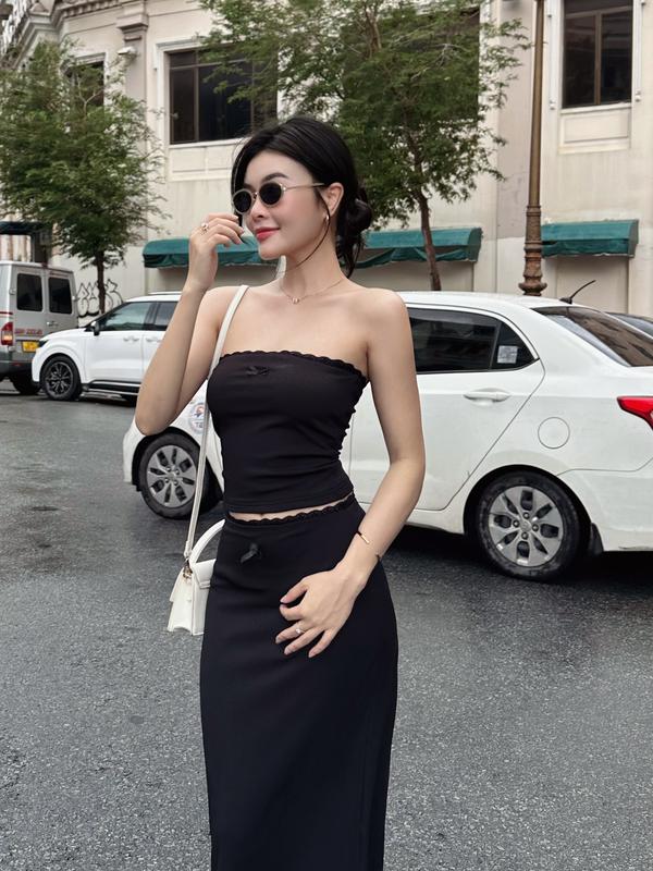  M951 - Set áo cúp ngực viền ren phối chân váy midi dài chouchou 
